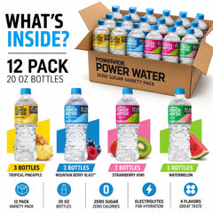 Powerade Power Water Zero Sugar Variety Pack, 20 oz Bottles (12 Pack) – Watermelon, Mountain Berry Blast, Strawberry Kiwi & Tropical Pineapple – Zero Sugar Electrolyte Hydration Drink