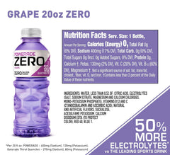 POWERADE Electrolyte Enhanced Zero Sugar Grape Sports Drink, 20 Ounce (Pack of 8) | Sugar-free Sport Beverage Enhanced with Electrolytes | 50% More Electrolytes vs. the Leading Sports Drink (per 12oz serving)*
