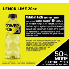 POWERADE Sports Drink, Lemon Lime Electrolyte Drink, 20 Oz (8 Pk) | Sport Beverage Enhanced with Electrolytes | 50% More Electrolytes vs. the Leading Sports Drink (per 12oz serving)*