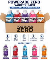 Powerade Zero Variety Pack (9 Bottles, 28 oz Each) – Zero Sugar Electrolyte Sports Drink Bundle with Grape, Fruit Punch, Mixed Berry, Strawberry Smash & Orange