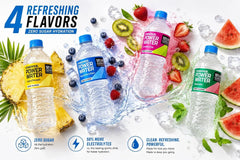 Powerade Power Water Zero Sugar Variety Pack, 20 oz Bottles (12 Pack) – Watermelon, Mountain Berry Blast, Strawberry Kiwi & Tropical Pineapple – Zero Sugar Electrolyte Hydration Drink