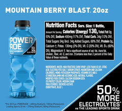 POWERADE Mountain Berry Blast, 20 fl oz, 8 Pack | Sport Beverage Enhanced with Electrolytes | 50% More Electrolytes vs. the Leading Sports Drink (per 12oz serving)*